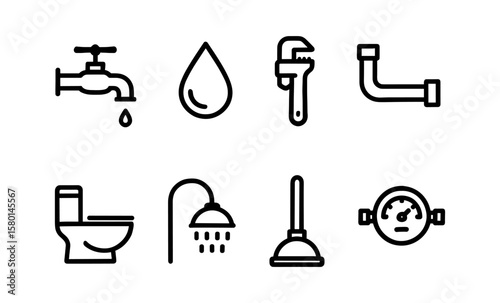 Plumbing icons set featuring linear tools and fixtures for repair services