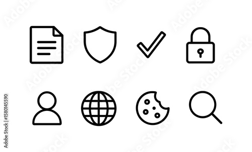 Essential privacy and security icons in minimalist line style set