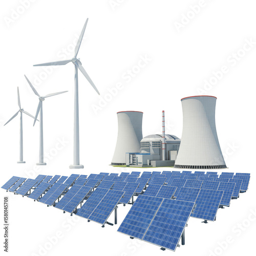 3D Power Plant with Wind Turbines and Solar Panels Illustration