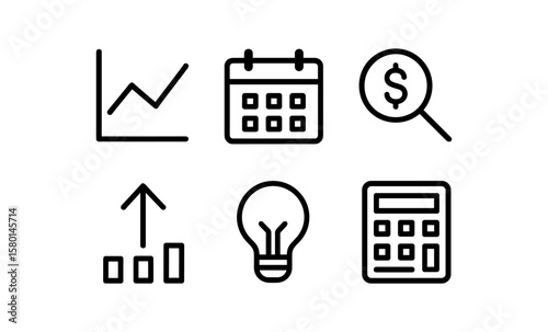 Minimalist business icons set featuring growth, calendar, finance, idea, and calculation