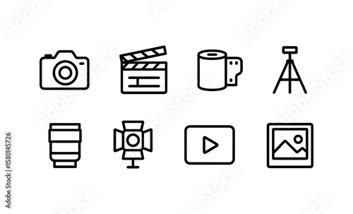 Photography and filmmaking icons set: camera, clapboard, tripod, and more