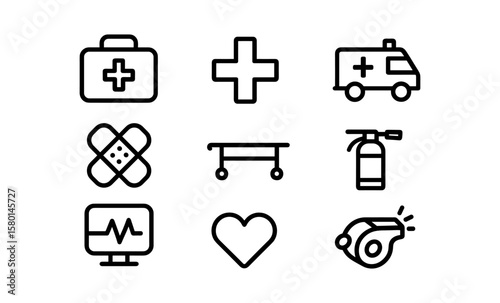 Emergency medical icons set in simple linear style for first aid concepts