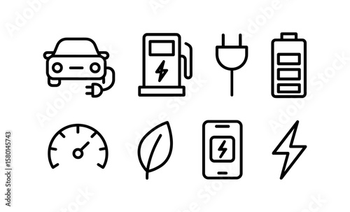 Electric vehicle icon set featuring charging station, battery, and eco-friendly symbols