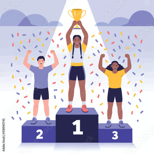 Diverse group of athletes celebrating victory on a winner s podium with confetti