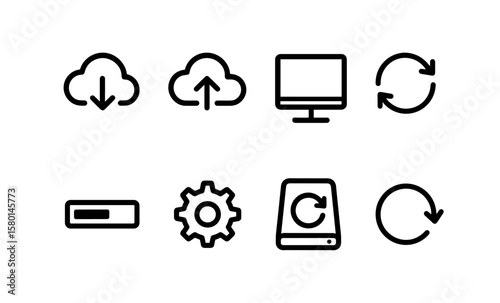 Minimalist cloud and synchronization icons for technology interfaces