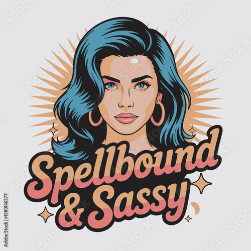 Vintage style illustration of a spellbound woman with blue hair and pink accents showcasing a retro aesthetic and a sassy design