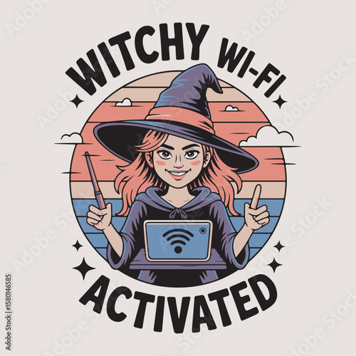 Whimsical illustration of a witch with a laptop and a magic wand activating wi-fi network in an appealing design.