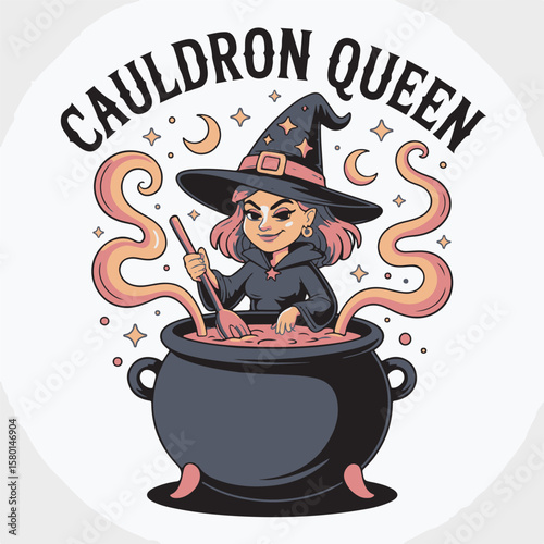 A charming cartoon illustration of a witch stirring a bubbling cauldron with the words cauldron queen above the image.