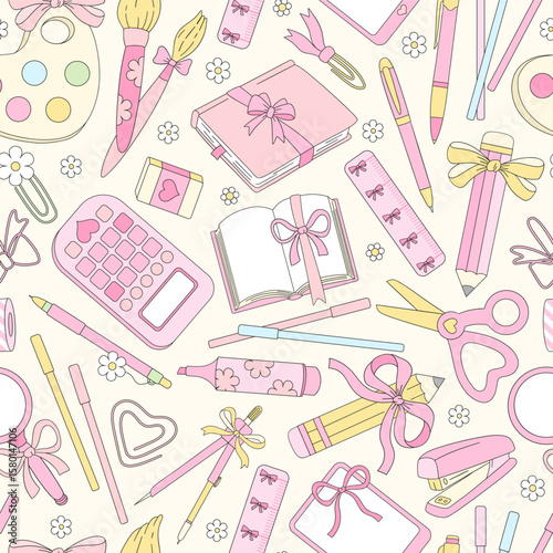 Preppy Coquette Back to School Vector Seamless Pattern with Girly School Supplies and Stationery in Pastel Pink and Retro Aesthetic. Ideal for schoolgirl designs, digital paper, stationery, planner