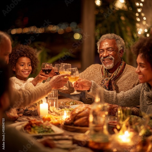 Multigenerational family smiling and toasting in a thanksgiving dinner table