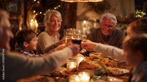 Multigenerational family smiling and toasting in a thanksgiving dinner table