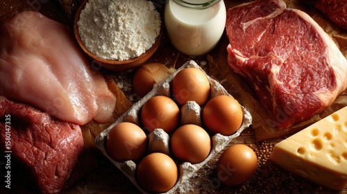 Animal protein foods such as eggs, beef, chicken, milk, cheese, and flour are arranged on a wooden background.