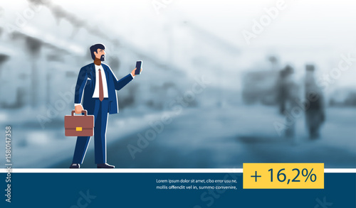 Businessman with briefcase, phone and business office city. Business business people. Investor, money, investment growth financing. Blue design, background. Banner, profitability. Vector illustration