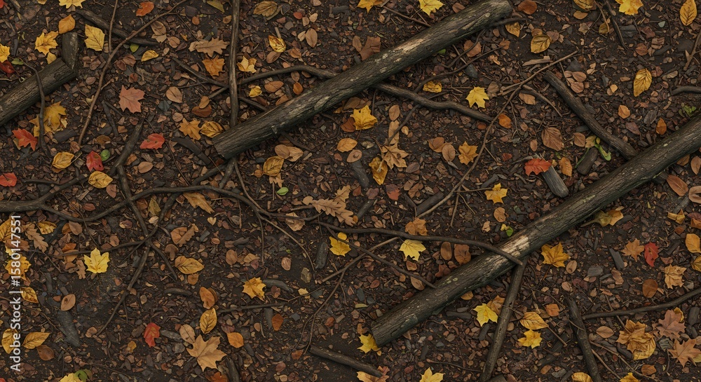 Obraz premium Overhead view of a forest floor covered in autumn leaves small branches and two large logs
