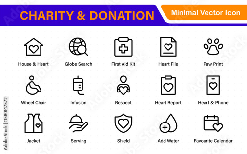 charity and donation icon set. charity and donation icon set, Help, volunteer, donated assistance, sharing, and solidarity symbol. Outline icons  collection.