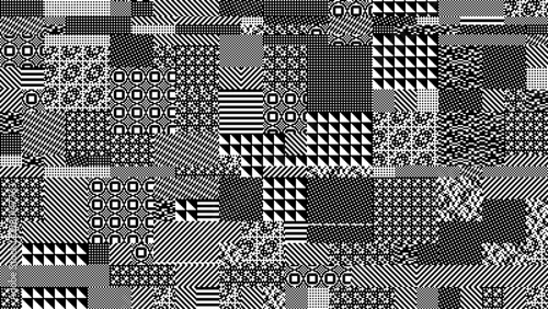 Geometric pixel art background with black and white pixel textures and retro 8-bit style