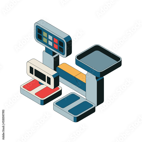 Modern isometric illustration of digital scales and weighing equipment