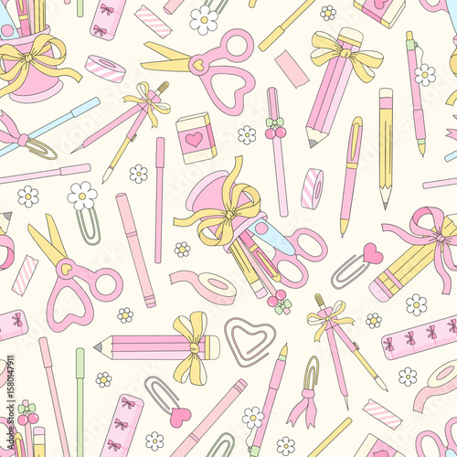 Preppy Coquette Back to School Vector Seamless Pattern with Girly School Supplies and Stationery in Pastel Pink and Retro Aesthetic. Ideal for schoolgirl designs, digital paper, stationery, planner