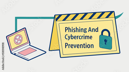 Illustration of a laptop with a stop symbol and a sign about phishing and cybercrime prevention
