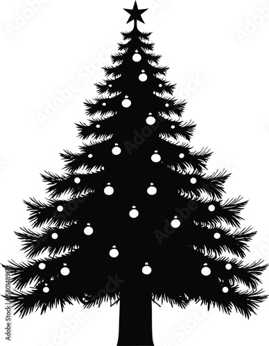 Decorated Christmas tree silhouette vector icon. Black isolated graphic symbol of a festive fir tree with a star and ornaments. Simple flat design for a holiday card, logo, or winter celebration