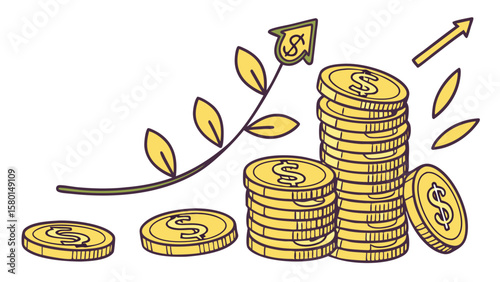 Illustration of increasing stacks of coins with dollar signs and a plant growing upwards with dollar sign 100