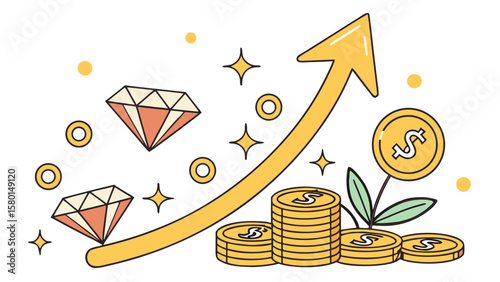 Yellow arrow pointing upwards with diamonds and coins indicating financial growth and success concept