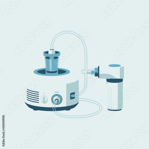 Illustration of a medical nebulizer machine with tubing and a mouthpiece