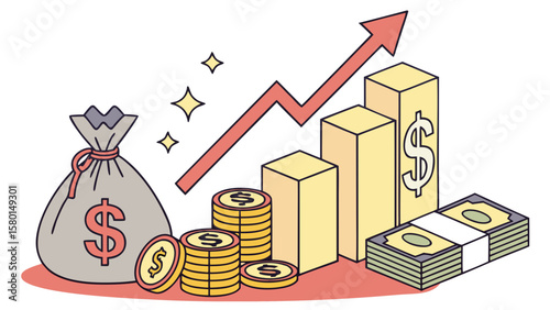 Illustration showing a bag of money, coins, stacks of bills, and an upward trending arrow graph