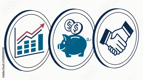 Illustration of financial growth, savings in piggy bank, and business partnership icons in circles