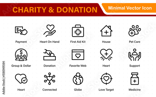 charity and donation icon set. charity and donation icon set, Help, volunteer, donated assistance, sharing, and solidarity symbol. Outline icons  collection.