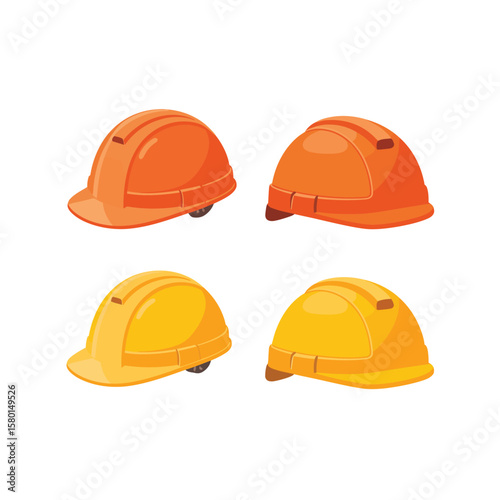 Collection of orange and yellow hard hats for construction and safety