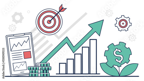Illustration of financial growth with arrow, bars, target, dollar gear and tablet data shown