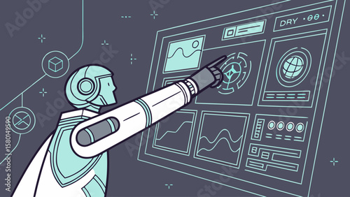 A robot interacting with a futuristic interface displaying graphs and other data visualizations shown here
