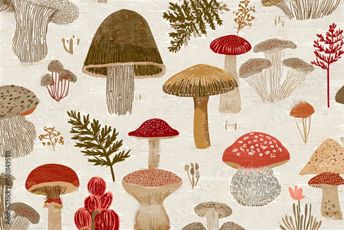 Seamless Pattern – Whimsical Mushroom Garden with Toadstools, Shiitakes, and Fern Accents in Soft Earth Tones on Linen-Style Background, Flat Vector Design for Cozy Elegant Fabrics