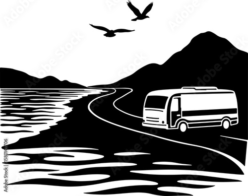 Bus on the road, car, road, vector, transport, auto, transportation, automobile, vehicle, illustration, icon, sign, taxi, cartoon, travel, driving, traffic, symbol, truck, speed, wheel, design, boat, 