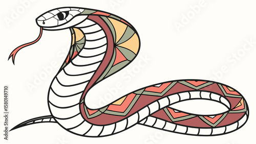 Illustration of a cobra with geometric pattern and extended hood and forked tongue on white background