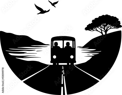 Bus on the road, car, road, vector, transport, auto, transportation, automobile, vehicle, illustration, icon, sign, taxi, cartoon, travel, driving, traffic, symbol, truck, speed, wheel, design, boat, 