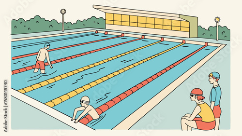 Illustration of an outdoor swimming pool with swimmers and spectators on a sunny day scene view