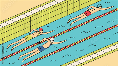 Three swimmers performing the front crawl in a swimming pool with lane markers and tiled edges