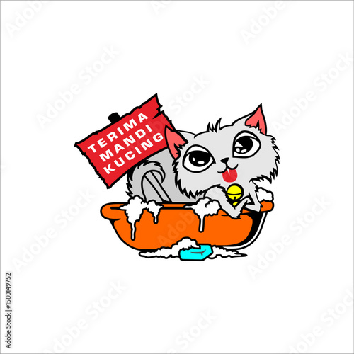 illustration of a female cat taking a bath and there is writing on the cat's bath receiving board on a white background