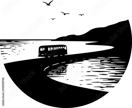 Bus on the road, car, road, vector, transport, auto, transportation, automobile, vehicle, illustration, icon, sign, taxi, cartoon, travel, driving, traffic, symbol, truck, speed, wheel, design, boat, 
