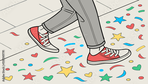 Person walking on confetti covered floor wearing red sneakers and gray pants illustration style