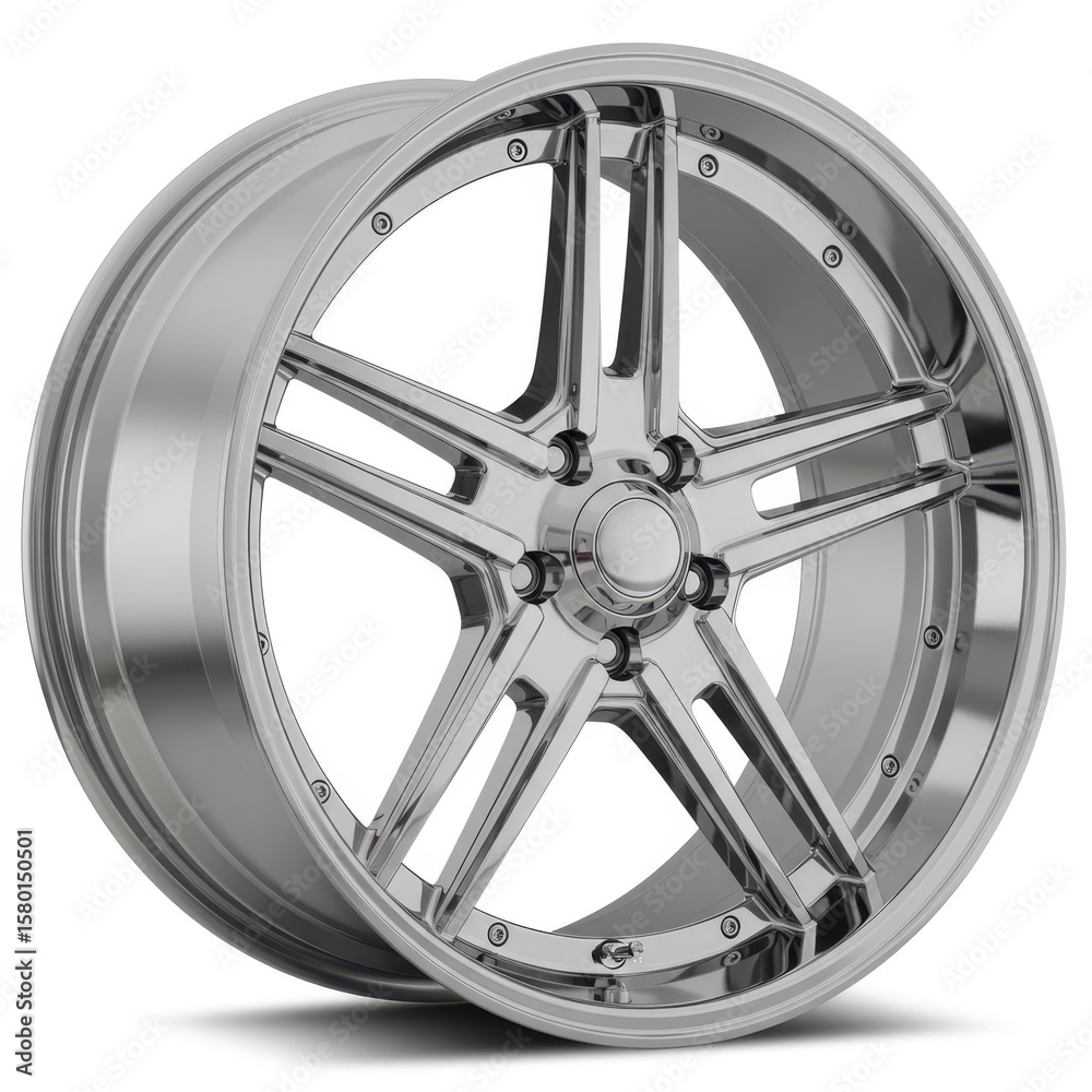 Obraz premium Gleaming Silver Car Wheel with Sleek Design and Modern Finish
