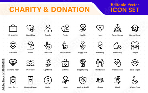 charity and donation icon set. charity and donation icon set, Help, volunteer, donated assistance, sharing, and solidarity symbol. Outline icons  collection.