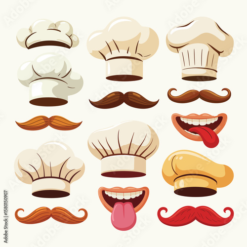 Collection of chef hats mustaches and funny mouths with tongues out