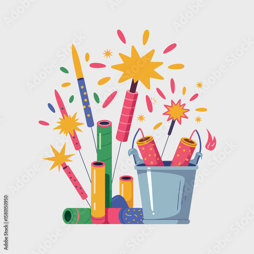 Collection of colorful fireworks and sparklers in a bucket for celebration