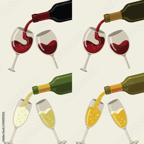Red wine and champagne being poured into glasses in a repeating pattern