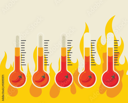 Five thermometers with red chili peppers inside showing extreme heat and high temperatures