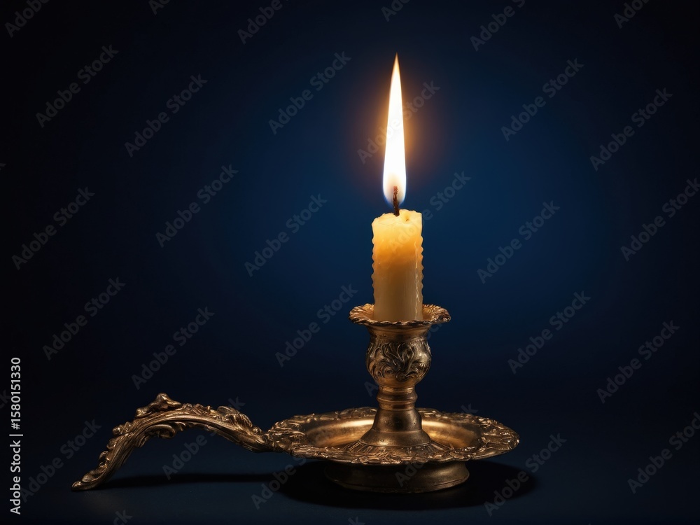 Fototapeta premium A solitary candle flickers in baroque elegance against a midnight blue backdrop