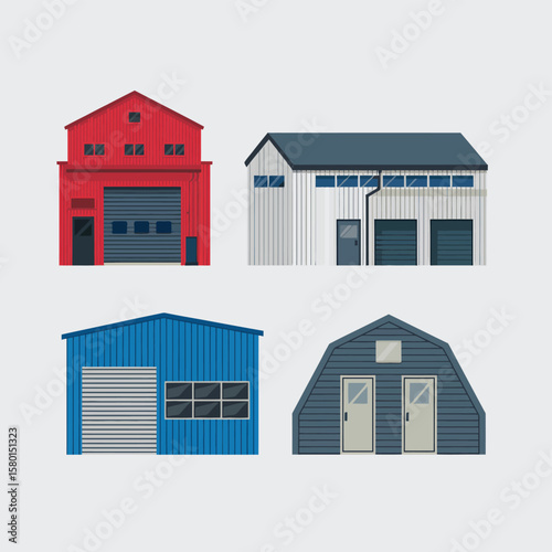 Collection of four colorful modern industrial building garages and storage structures